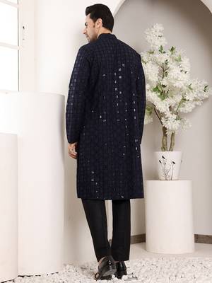 Navy Blue straight viscose silk embroidered kurta 3
