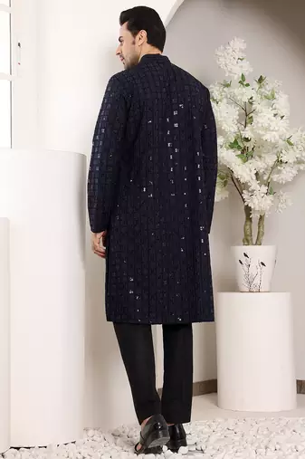 Navy Blue straight viscose silk embroidered kurta
