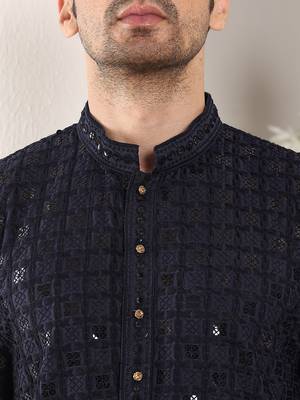 Navy Blue straight viscose silk embroidered kurta 4