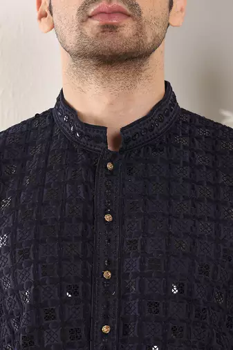 Navy Blue straight viscose silk embroidered kurta