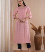 Embroidered cotton dobby kurta with pleating and an in seam pocket.