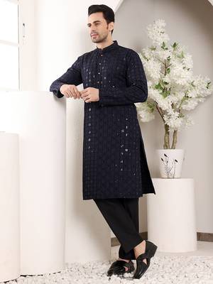 Navy Blue straight viscose silk embroidered kurta 5