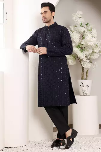 Navy Blue straight viscose silk embroidered kurta