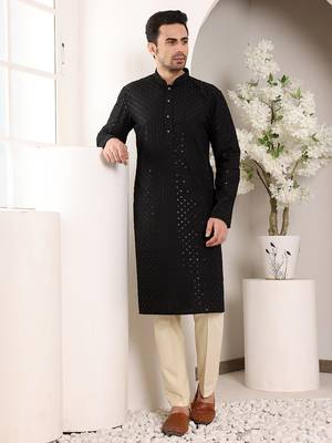 black straight viscose silk embroidered kurta 1