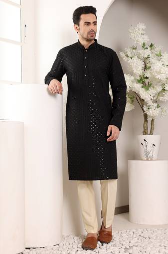 black straight viscose silk embroidered kurta