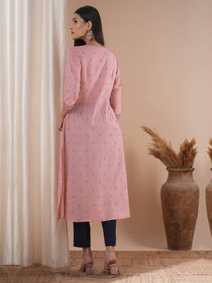 Embroidered cotton dobby kurta with pleating and an in seam pocket. 2