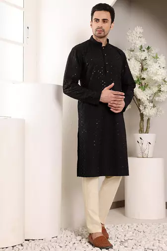 black straight viscose silk embroidered kurta