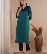 Straight fit cotton stripe kurta with an ikat trim and hand embroidery.