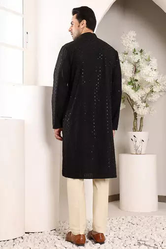 black straight viscose silk embroidered kurta