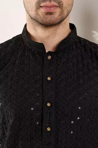 black straight viscose silk embroidered kurta
