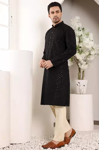 black straight viscose silk embroidered kurta