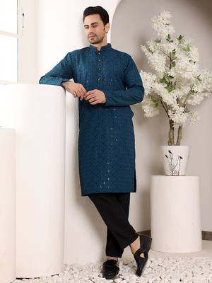 blue straight viscose silk embroidered kurta 1