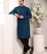 blue straight viscose silk embroidered kurta