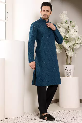 blue straight viscose silk embroidered kurta