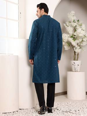 blue straight viscose silk embroidered kurta 3