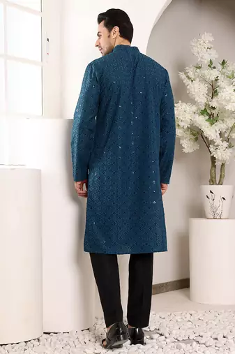 blue straight viscose silk embroidered kurta