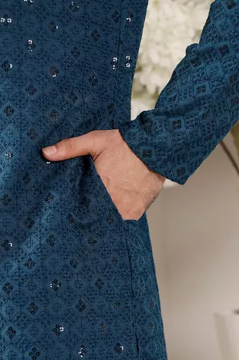 blue straight viscose silk embroidered kurta