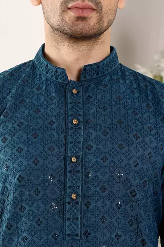 blue straight viscose silk embroidered kurta