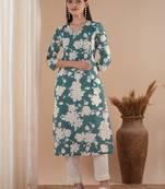 Straight floral printed kurta with tucks on the shoulder and sleeves.
