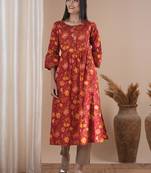 A printed shoulder princess a-line kurta with stitch lines on the shaped yoke and bell sleeves.