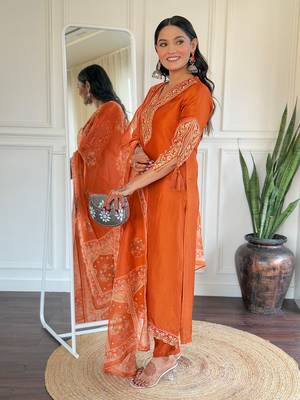 Beautiful Women's Thread work Viscose Straight Kurta Pant and Dupatta Set 3