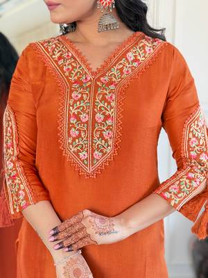 Beautiful Women's Thread work Viscose Straight Kurta Pant and Dupatta Set 4