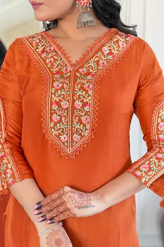 Beautiful Women's Thread work Viscose Straight Kurta Pant and Dupatta Set