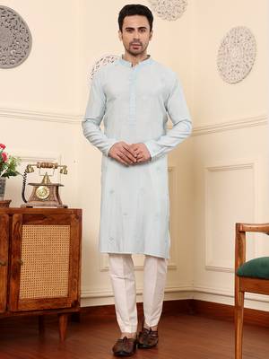 light blue straight viscose silk embroidered kurta 1