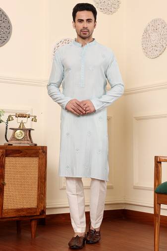 light blue straight viscose silk embroidered kurta
