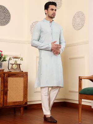 light blue straight viscose silk embroidered kurta 2