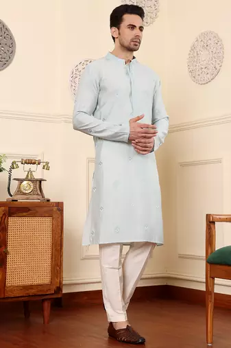 light blue straight viscose silk embroidered kurta