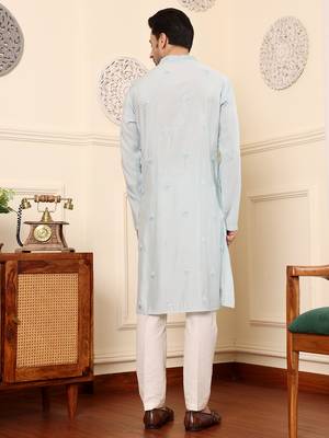 light blue straight viscose silk embroidered kurta 3