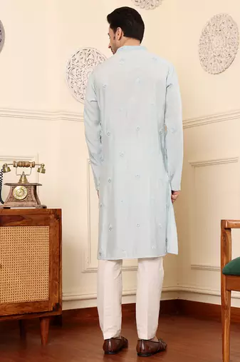 light blue straight viscose silk embroidered kurta