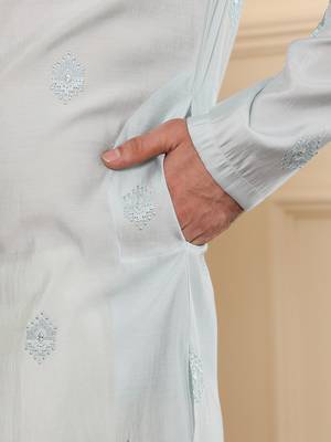 light blue straight viscose silk embroidered kurta 5
