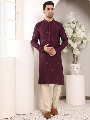 purple straight viscose silk embroidered kurta 1