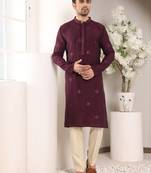 purple straight viscose silk embroidered kurta