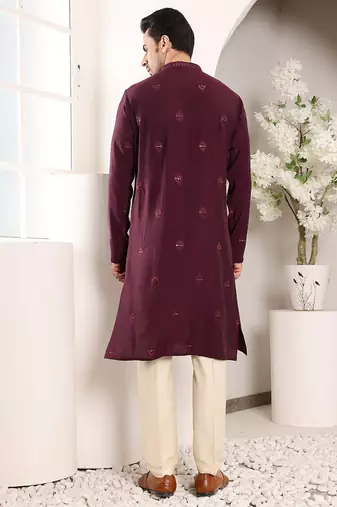 purple straight viscose silk embroidered kurta