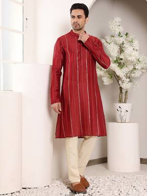 red straight viscose silk embroidered kurta 1