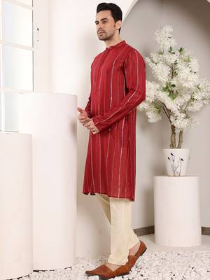 red straight viscose silk embroidered kurta 2