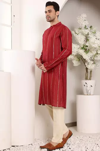 red straight viscose silk embroidered kurta