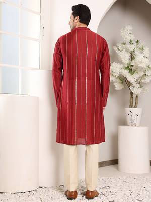 red straight viscose silk embroidered kurta 3