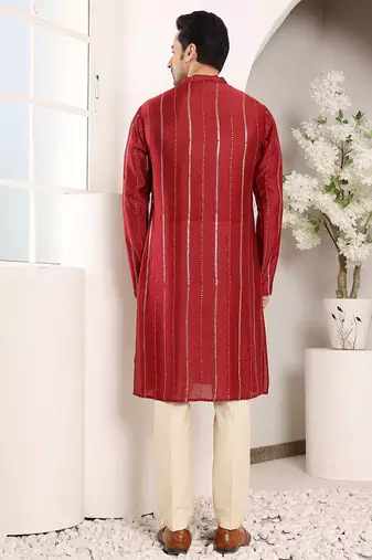 red straight viscose silk embroidered kurta