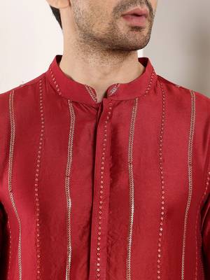 red straight viscose silk embroidered kurta 4