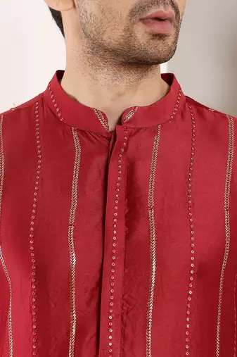 red straight viscose silk embroidered kurta