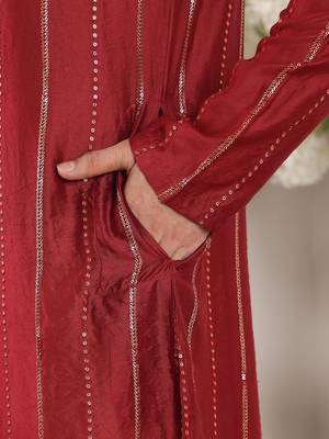 red straight viscose silk embroidered kurta 5