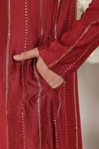 red straight viscose silk embroidered kurta