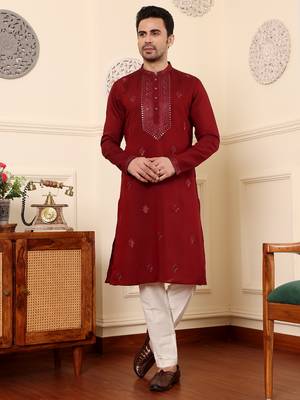 dark red straight viscose silk embroidered kurta 1
