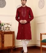 dark red straight viscose silk embroidered kurta