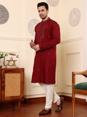dark red straight viscose silk embroidered kurta 2