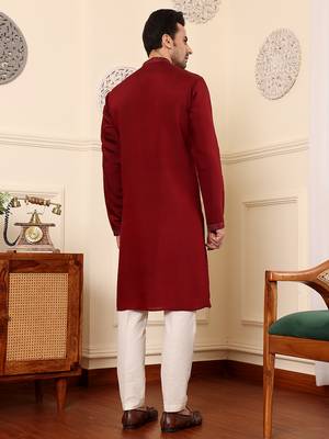 dark red straight viscose silk embroidered kurta 3